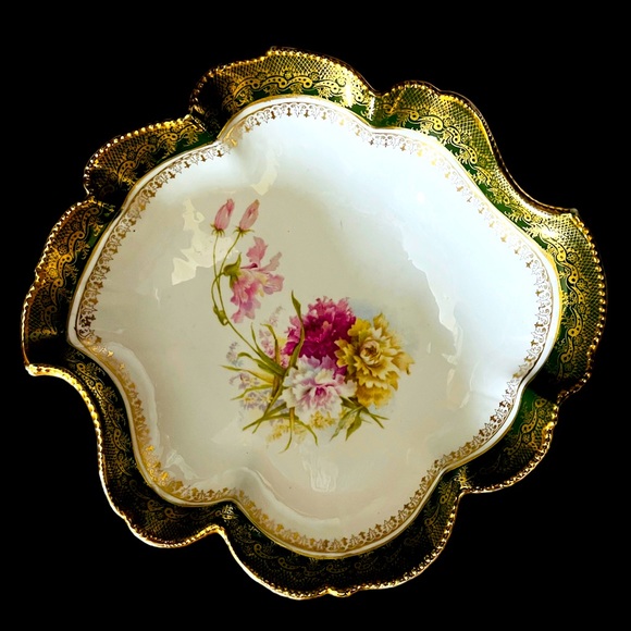 11” wide by 3” high Other - Royal Coburg Germany Hand Painted Carnations Serving Bowl Green /Gold Trim MINT